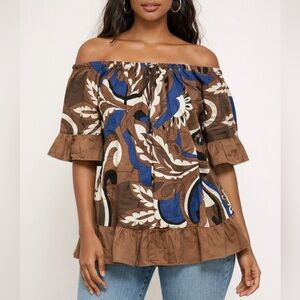 Terzo Millennio Made in Italy 100% Cotton Ruffle Brown and Blue Off-Shoulder Top